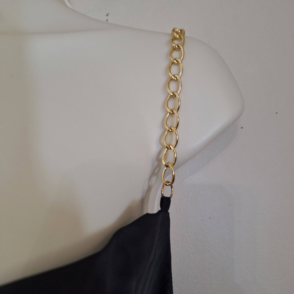 And Now This Black One Shoulder Cowl Neck Gold Chain Asymmetrical Satin Dress - Picture 6 of 12